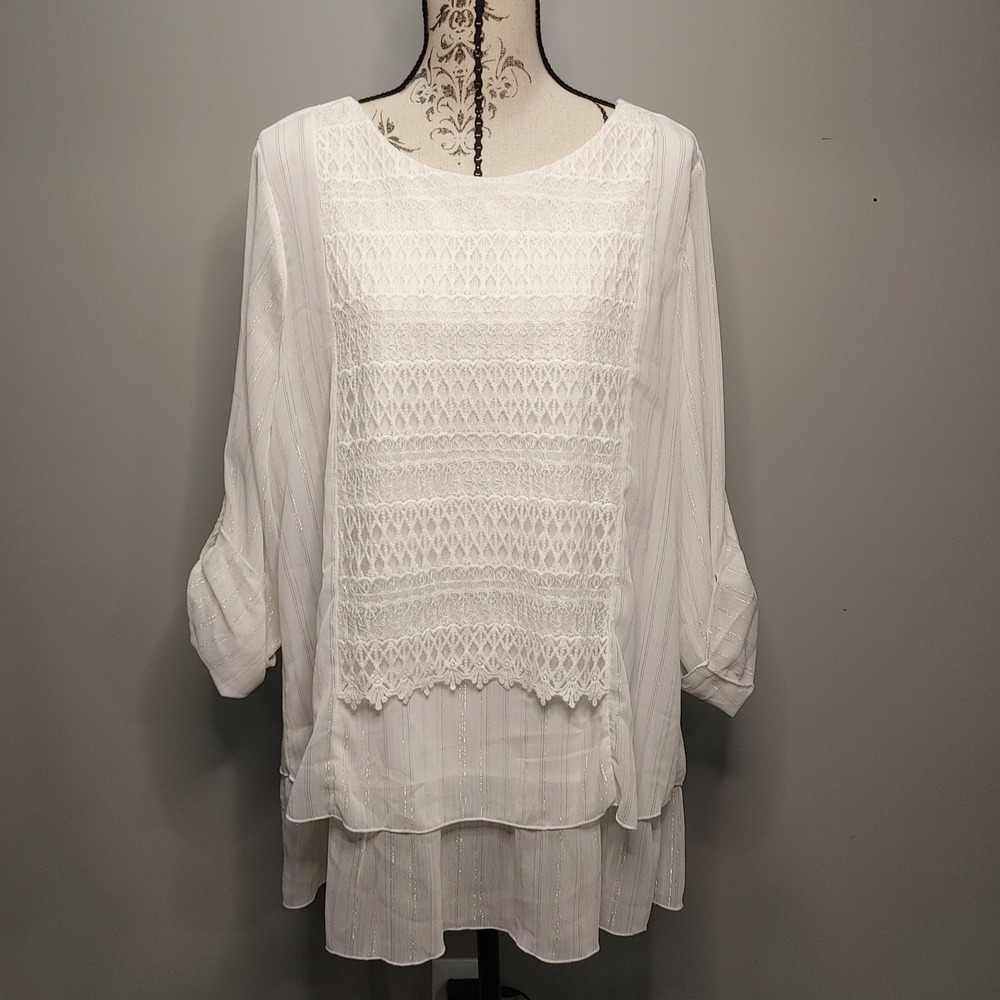 Boho Layered Womens XL Crochet Lace Gold Stripe Roll Tab Sleeve Sheer Blouse